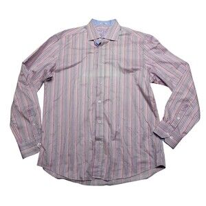 Bugatchi Dress Shirt Mens 46 Pink Stripe 100% Cotton Shaped Slim Fit Long Sleeve